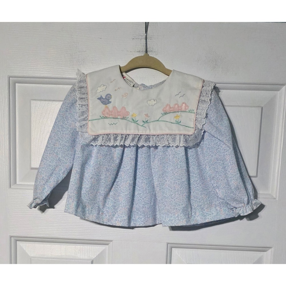 Vintage Baby Togs Blue Floral Bib Embroidered Lace Top 18 Months NWT